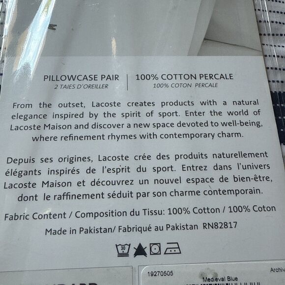 Lacoste 100% Cotton Medieval Blue Standard Pillowcase Pair Archive 2 Pillow Case - Picture 6 of 8